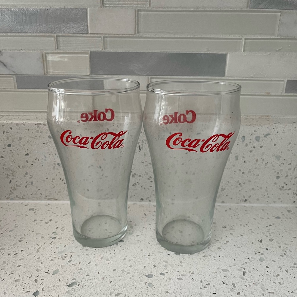 Coke A Cola Glasses Red Lettering Set of 2 Vintage Coca Cola
